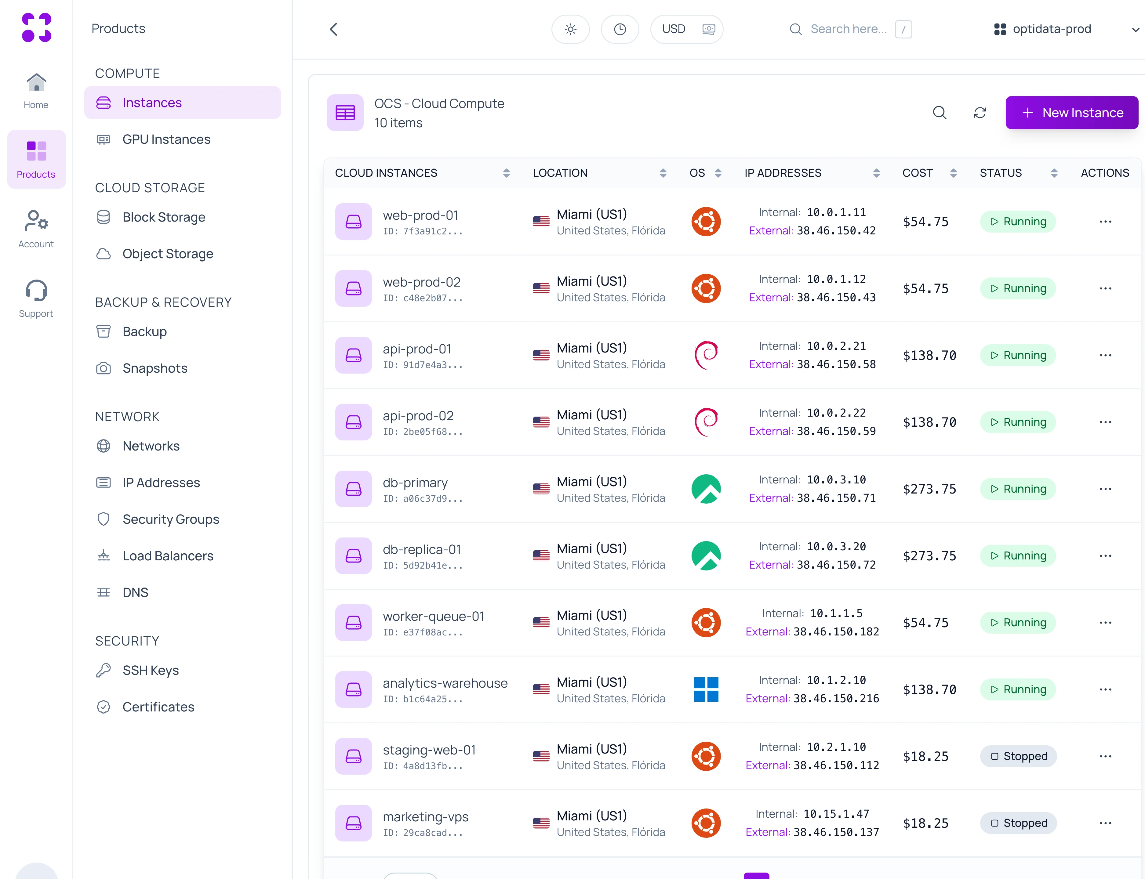 Instance list in the Optidata Cloud console, with demo data